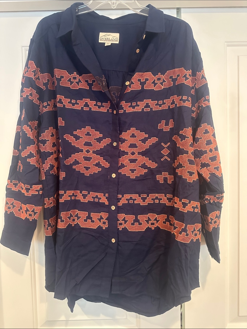 Overland Navy Button-Down Shirt with Rust Geometric Embroidery